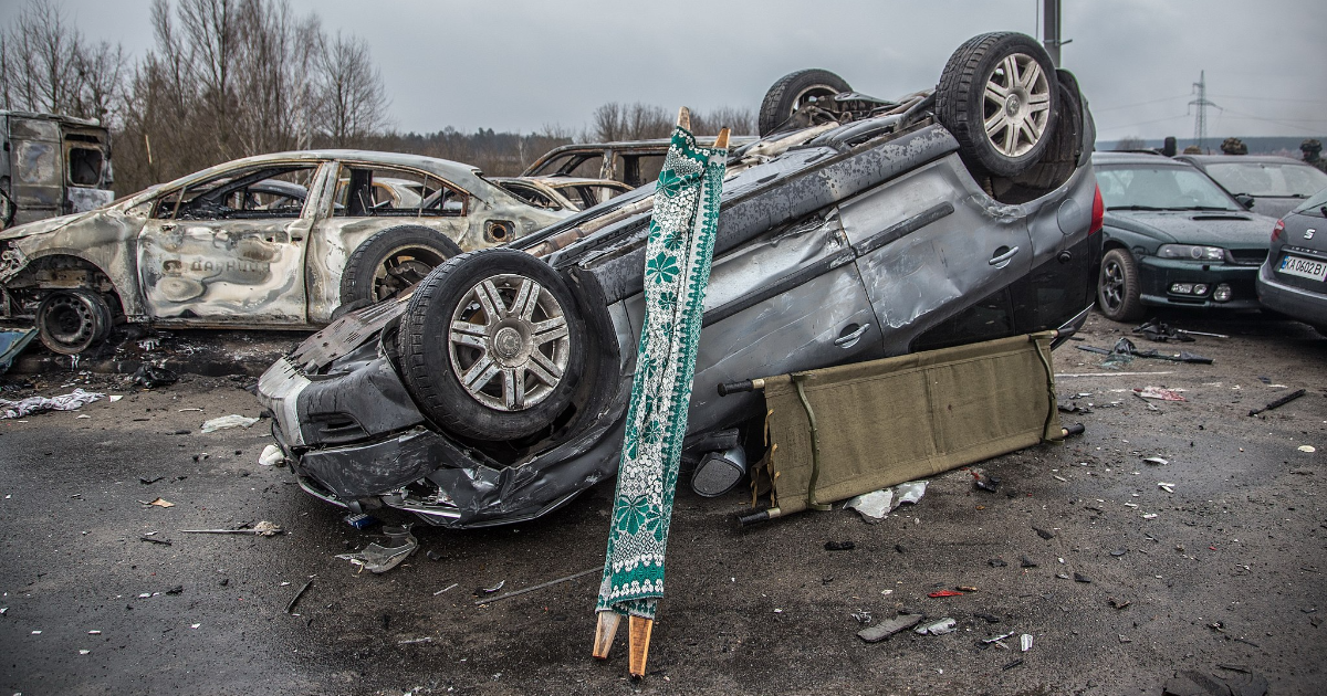 Overturned cars in Ukraine were likely flipped by Russian forces, not
