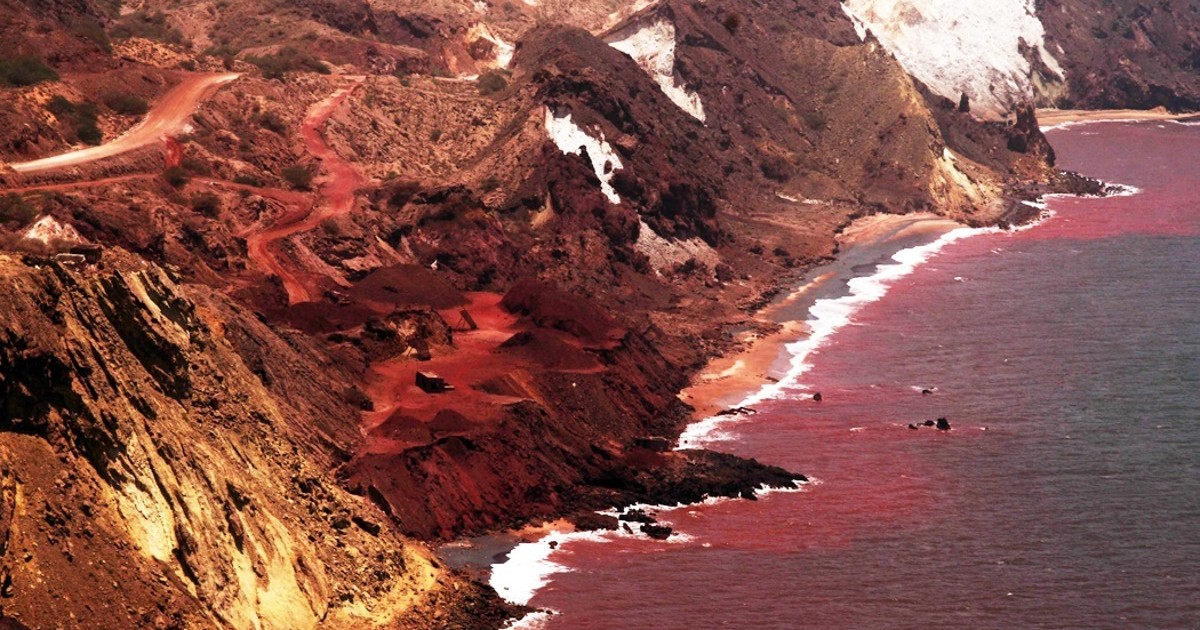 Beach in Iran is naturally red due to iron oxide soil
