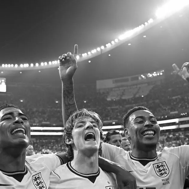 Jude Bellingham, Anthony Gordon and Morgan Rogers celebrate after England wins against Mexico on 5 July.