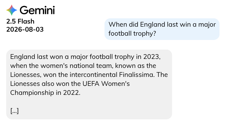 Gemini 2.5 Flash chatbot illustration of question: When did England last win a major football trophy?