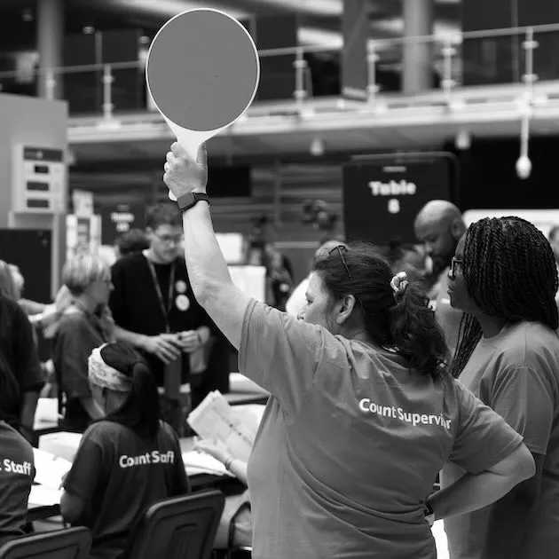 Staff count ballots the morning after local elections at a vote-counting centre inside the count centre for Hackney, north London on 8 May.