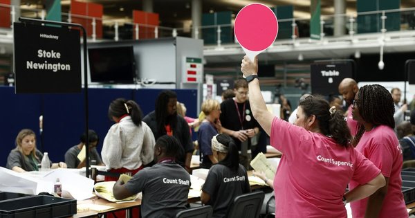 Staff count ballots the morning after local elections at a vote-counting centre inside the count centre for Hackney, north London on 8 May.