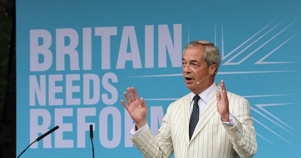 Nigel Farage speaking at a Reform UK event.