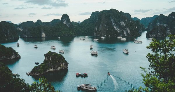 Boats in a bay in Hạ Long, Vietnam