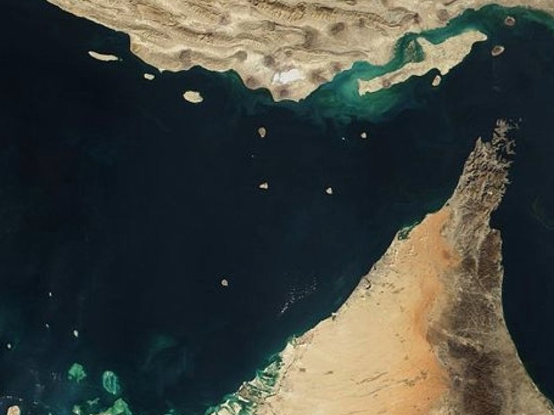 An aerial view of the Strait of Hormuz.