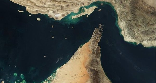 An aerial view of the Strait of Hormuz.