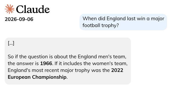 Claude chatbot illustration of question: When did England last win a major football trophy?