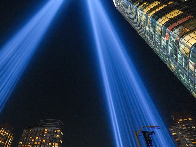 Beams of light from Ground Zero commemorating the 9/11 attacks.