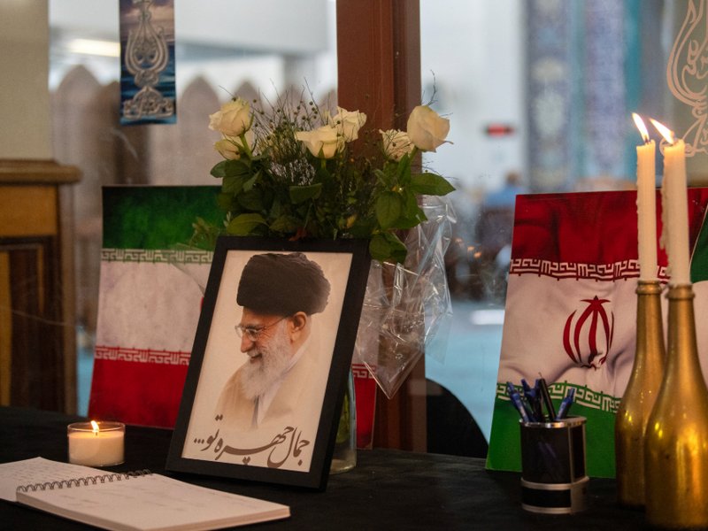 A portrait of Iran’s Supreme Leader Ayatollah Ali Khamenei is displayed in a mosque in South Africa.