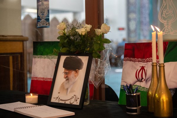 A portrait of Iran’s Supreme Leader Ayatollah Ali Khamenei is displayed in a mosque in South Africa.