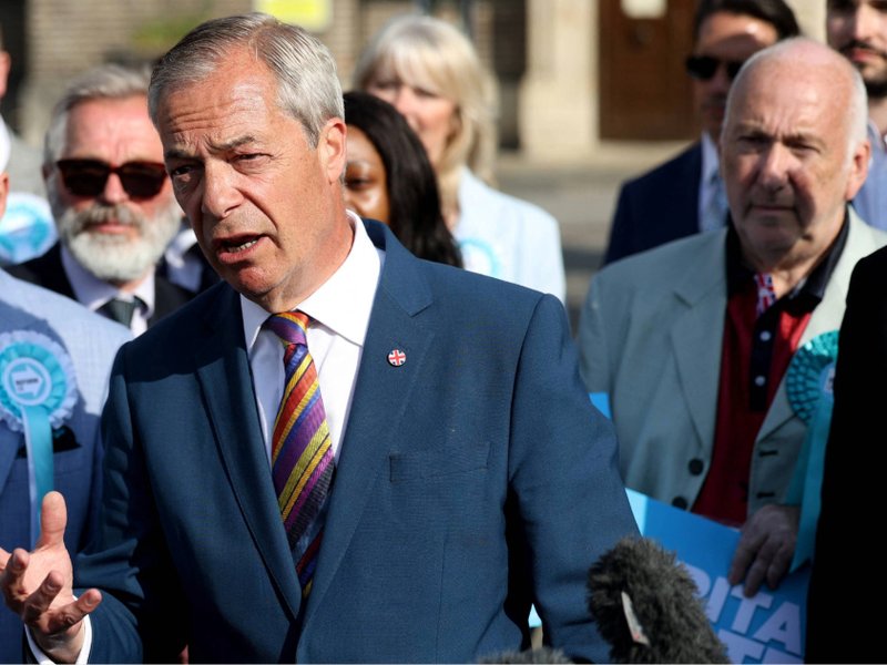 A photograph of Nigel Farage after the 2026 local elections