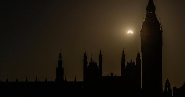 A partial solar eclipse, with more than 90 percent of the Sun blocked by the Moon across Britain, seen behind Big Ben.