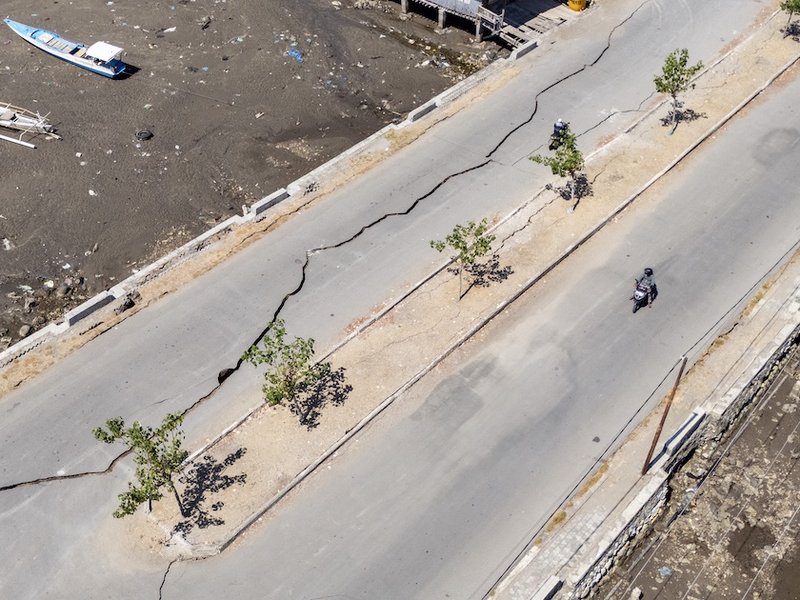 An aerial image showing cracks in a road in East Nusa Tenggara, Indonesia, on 17 August 2026