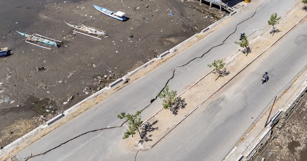 An aerial image showing cracks in a road in East Nusa Tenggara, Indonesia, on 17 August 2026