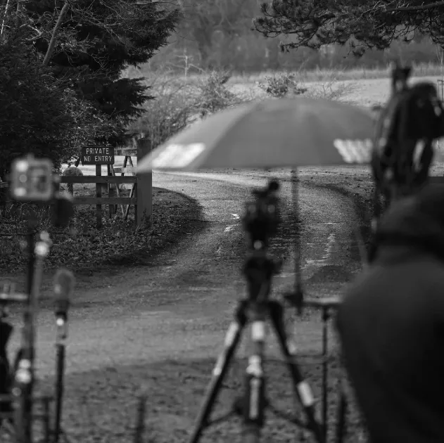 Media tripods are pictured at an entrance to Wood Farm on the royal family's Sandringham Estate in Norfolk.