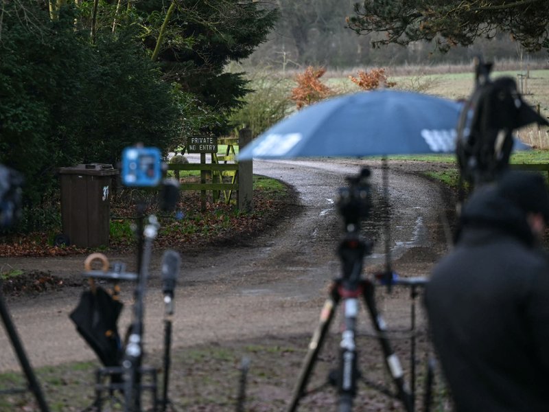 Media tripods are pictured at an entrance to Wood Farm on the royal family's Sandringham Estate in Norfolk.