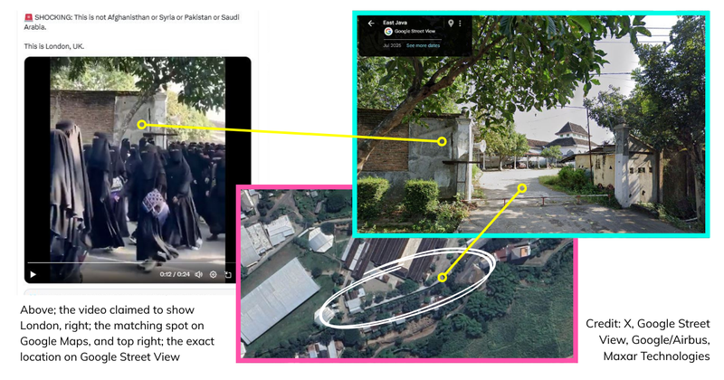 The video we are fact checking, and the matching Google Street View and aerial map image.