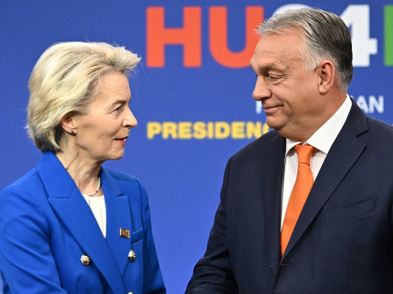 President of the European Commission Ursula von der Leyen shakes hands with Hungary's then-Prime Minister Viktor Orbán after a joint press conference in November 2024.