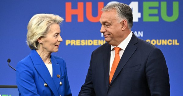 President of the European Commission Ursula von der Leyen shakes hands with Hungary's then-Prime Minister Viktor Orbán after a joint press conference in November 2024.