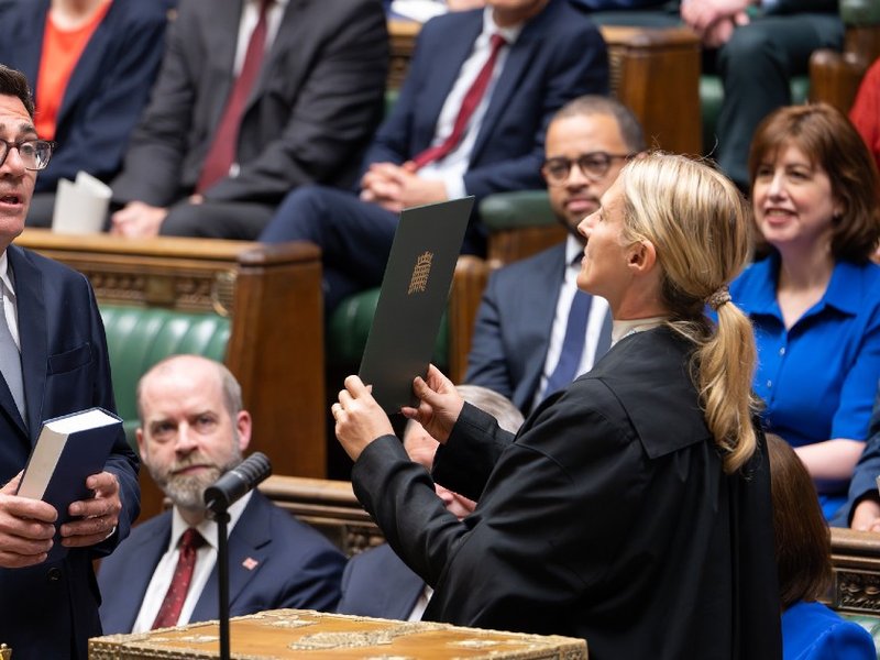 Andy Burnham being sworn in as the MP for Makerfield on 22 June 2026.