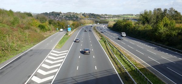 Cars driving on the M3 motorway in Winchester