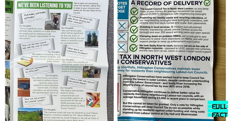 Campaign leaflets sent by the Greens and the Conservatives during the 2026 local elections.