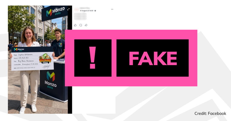 Debunk image with fake rating over AI-generated photo of woman holding Monzo slots cheque.