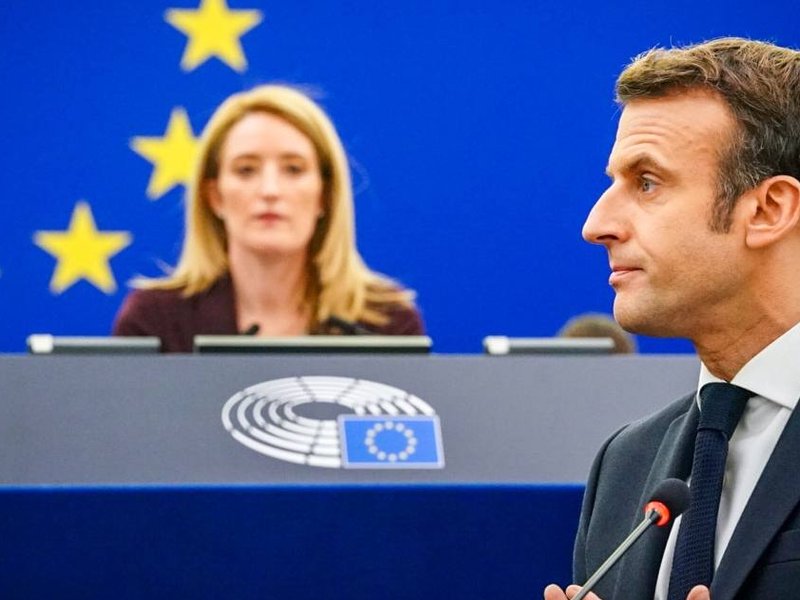 President Emmanuel Macron speaking at the European Parliament.