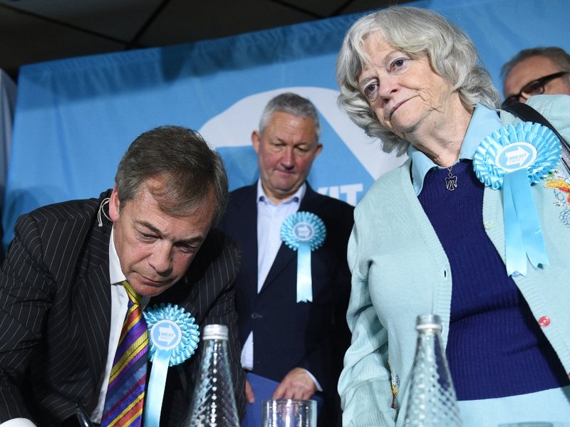 Nigel Farage and Ann Widdecombe at a European Parliament election campaign event in Pontefract, northwest England, in 2019.