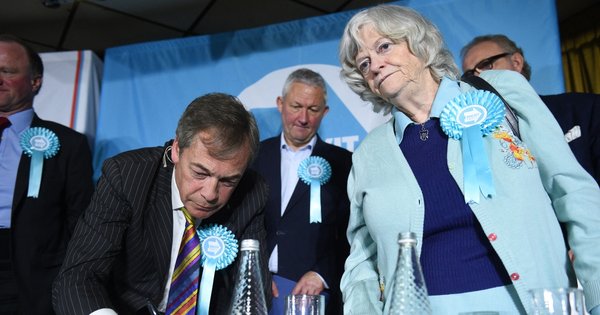Nigel Farage and Ann Widdecombe at a European Parliament election campaign event in Pontefract, northwest England, in 2019.