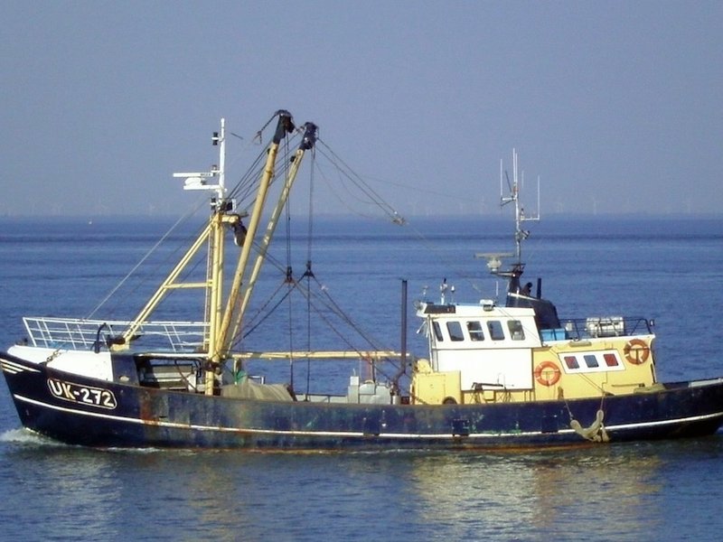 The Dutch fishing vessel UK-272 outbound on the River Elbe near Cuxhaven. Home port of the ship is Urk in the Netherlands. 2011.