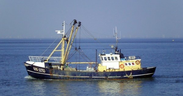 The Dutch fishing vessel UK-272 outbound on the River Elbe near Cuxhaven. Home port of the ship is Urk in the Netherlands. 2011.
