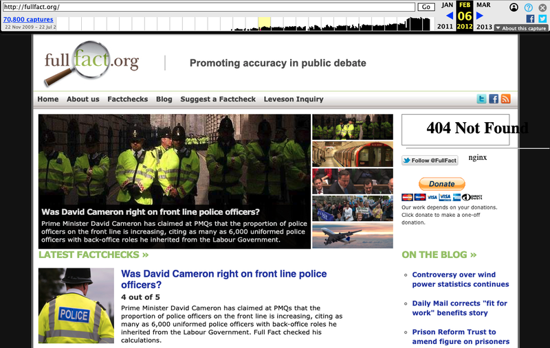 A screen capture of Full Fact's website in 2012 from The Wayback Machine.