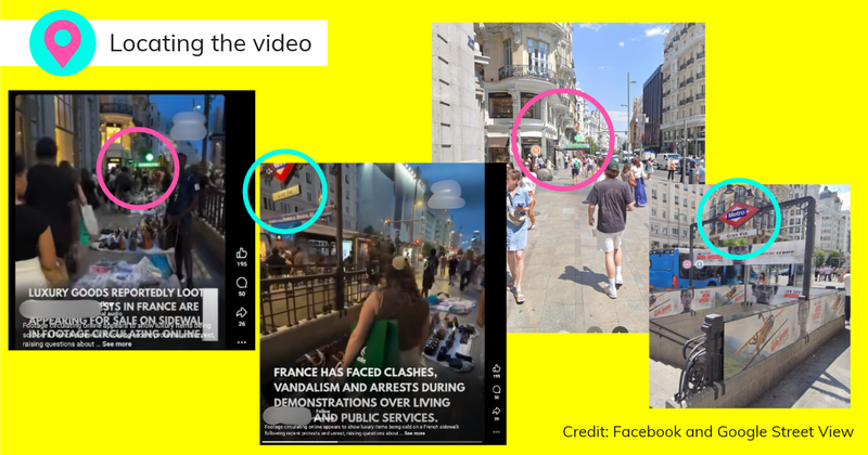 Graphic comparing the viral social media posts with Google Street View images of Madrid