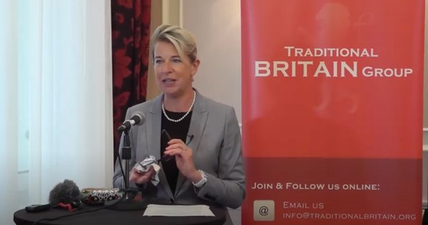 Katie Hopkins speaking at the 2018 Traditional Britain Group conference.