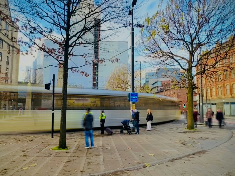 A tram in Manchester city centre.