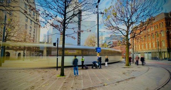 A tram in Manchester city centre.