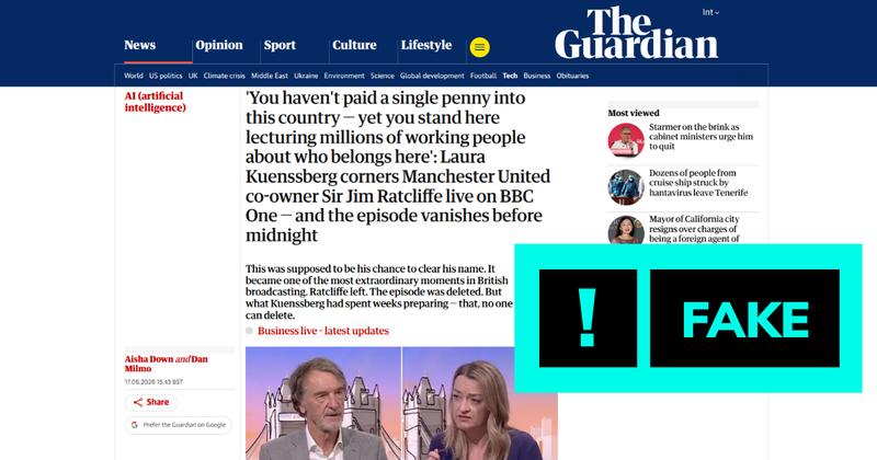 Screenshot of faked Guardian article with blue 'fake' text overlaid