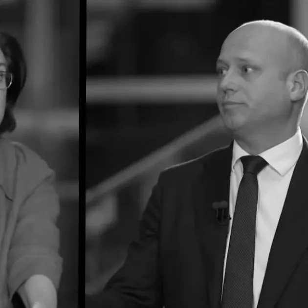 Eluned Morgan and Dan Thomas during an ITV Wales election debate.