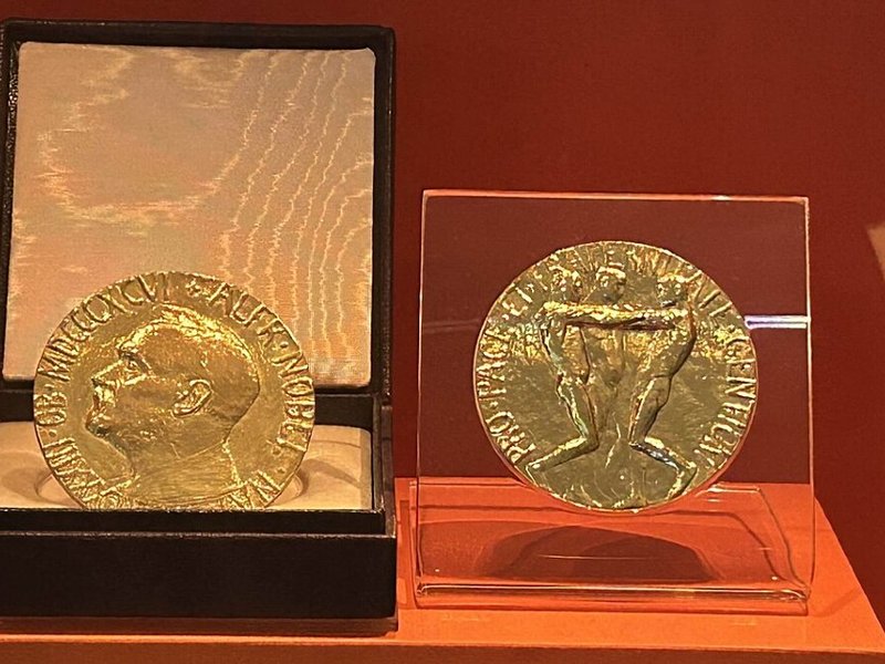 A Nobel Peace Prize on display.