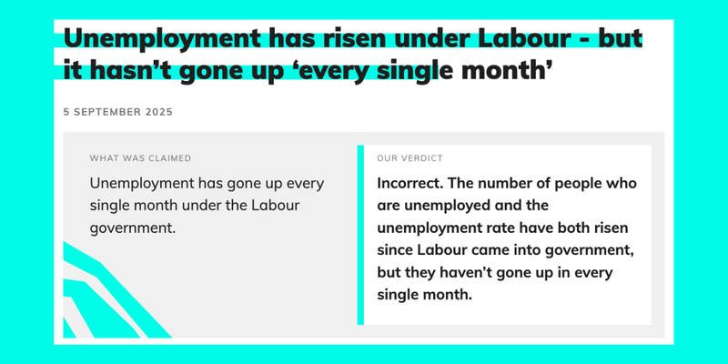 A screenshot of the Full Fact fact check claim and verdict box for unemployment figures
