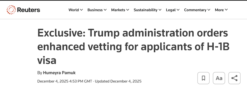 A screenshot of a Reuters article reporting on enhanced vetting for US visas for fact checkers