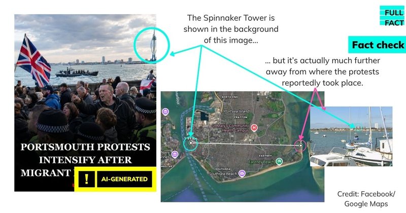 Screenshot of social media post next to a Google Maps screenshot with text reading 'The Spinnaker Tower is shown in the background of this image... but its much further away from where the protests reportedly took place"