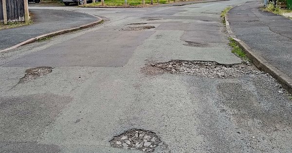 Potholes in a residential road