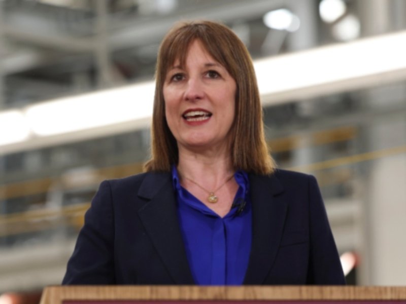 Rachel Reeves speaking at a podium at Jaguar Land Rover
