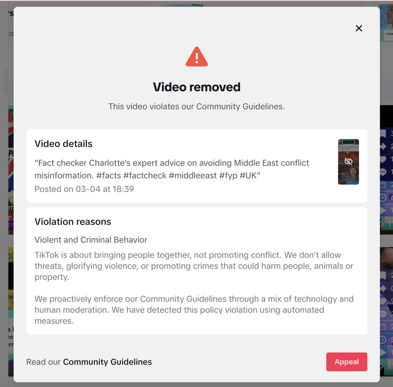 A screen grab of Tik Tok's removal message