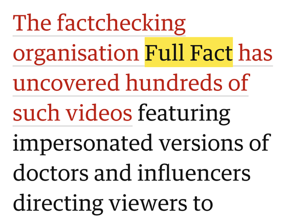 A screen grab of AI deepfakes of doctors article in the Guardian