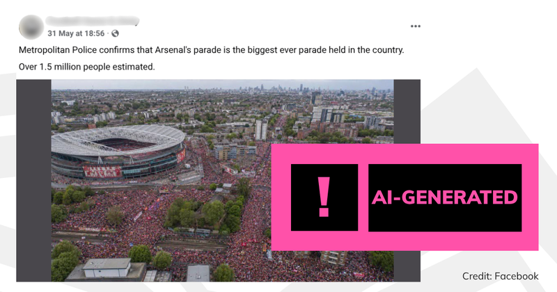 Image of social media post with pink 'AI-generated' text overlaid