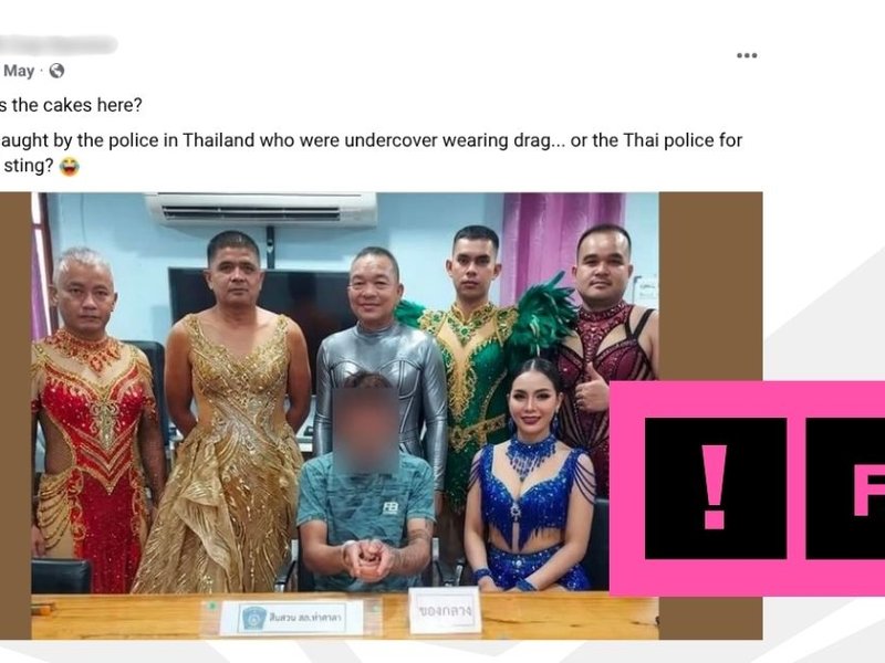 An AI-edited image of Thai police officers dressed in drag with ‘Fake’ text overlaid.