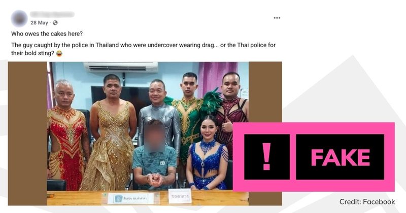 An AI-edited image of Thai police officers dressed in drag with ‘Fake’ text overlaid.